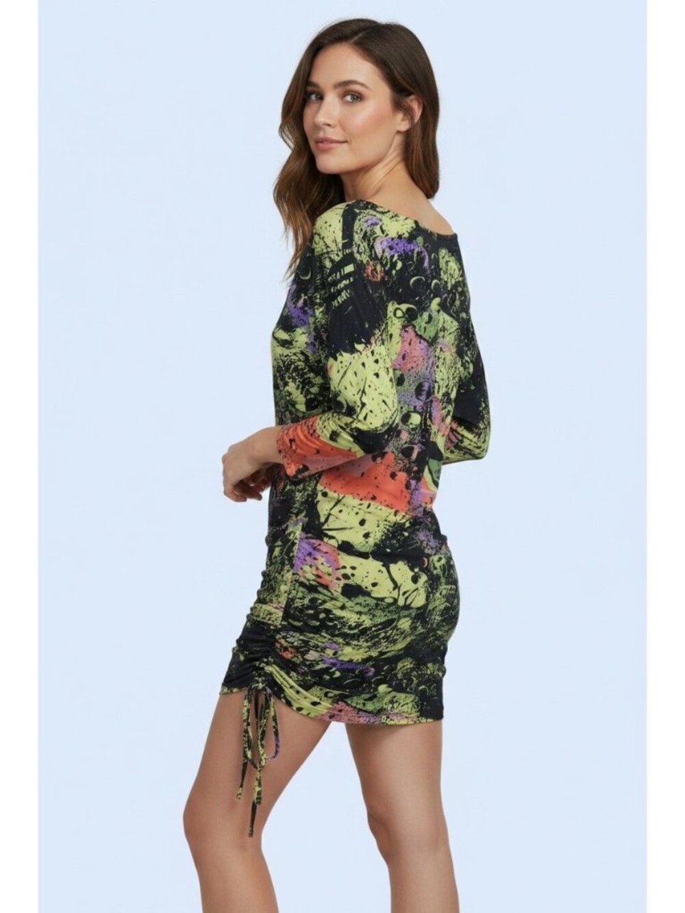 Julian Chang Abstract Art colorful Ruched Drawstring Mini Dress Dolman sleeves M